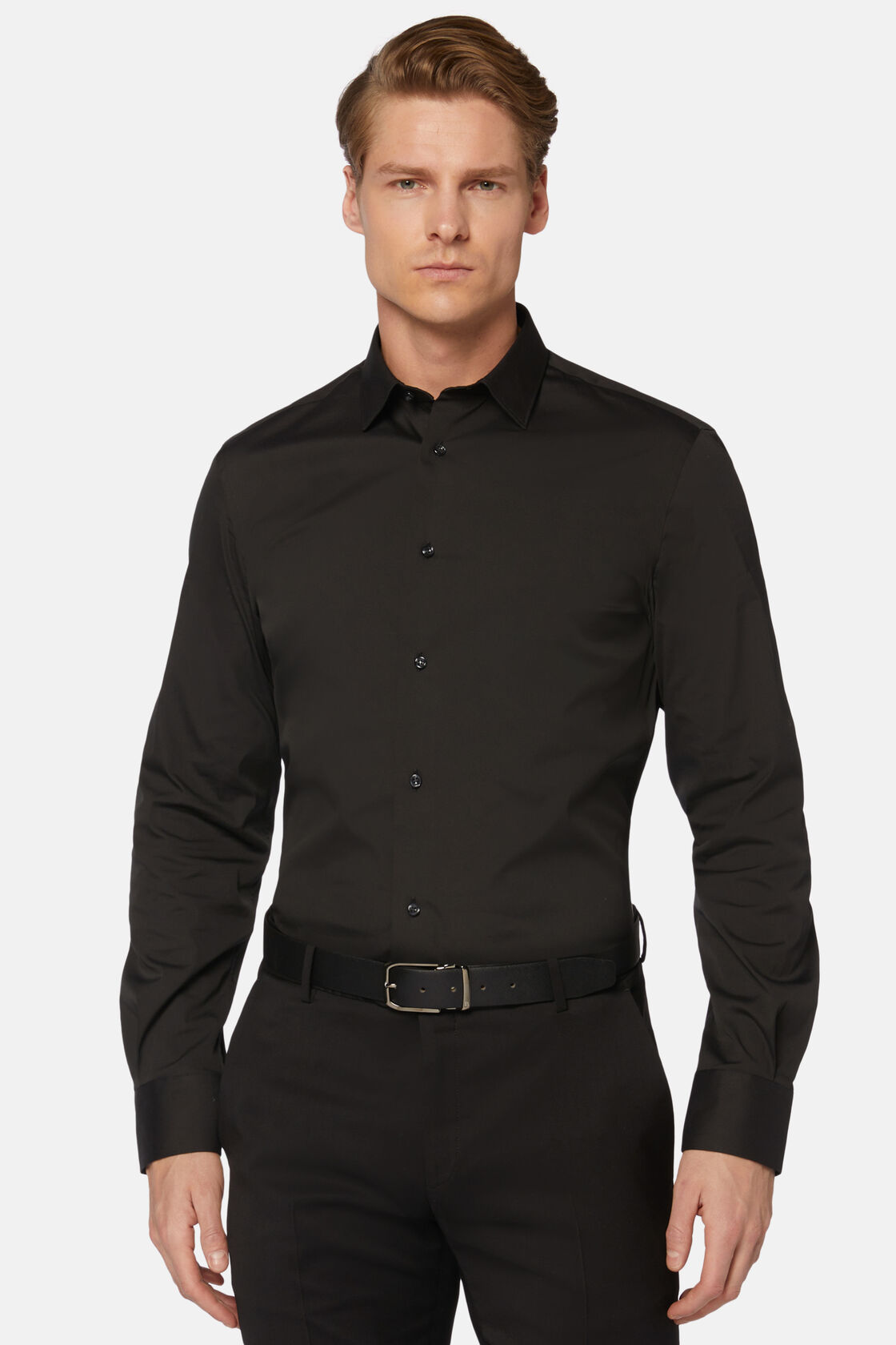 Camisa preta slim fit de algodão elástico, Black, hi-res