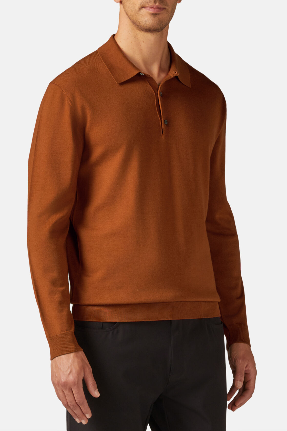 Orange Merino Wool Knitted Polo Shirt, Orange, hi-res