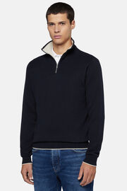 Granatowy sweter z zamkiem błyskawicznym z bawełny, Navy blue, hi-res