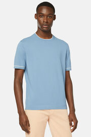 Sky Blue Cotton Crepe Knit T-shirt, Light Blu, hi-res