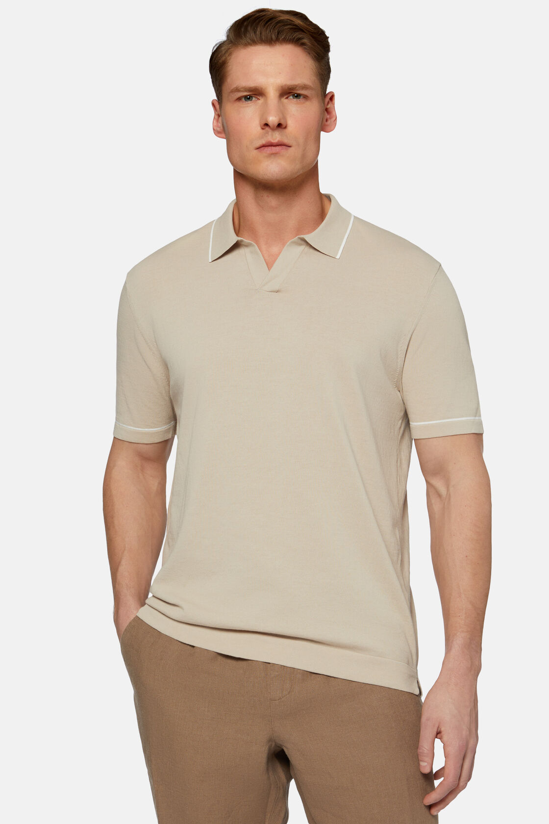 Πλεκτό μπλουζάκι τύπου πόλο από βαμβακερό κρεπ σε μπεζ χρώμα, Beige, hi-res