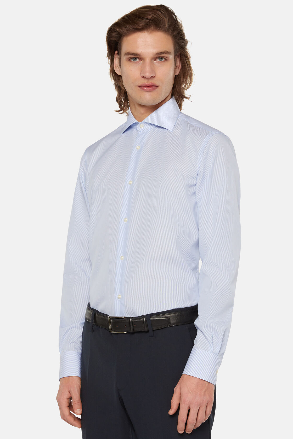 Camicia A Righe Azzurre In Cotone Slim Fit, Azzurro, hi-res