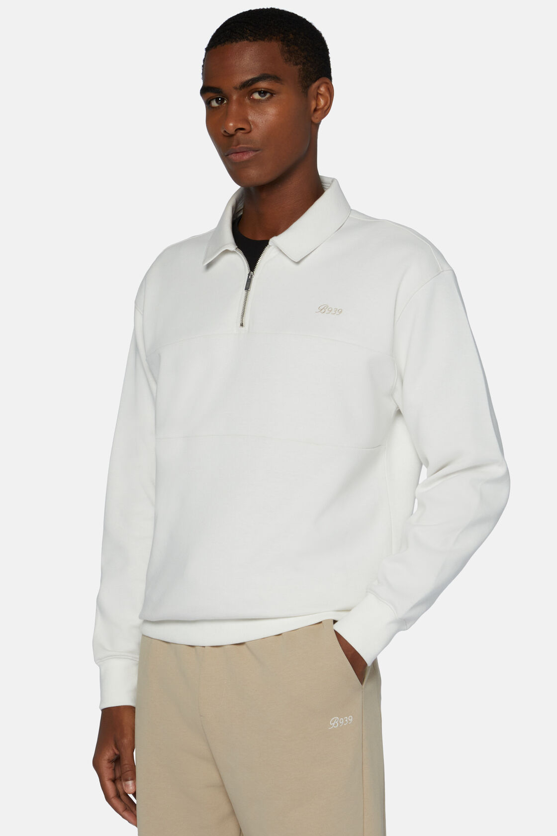 Half Zip Sweatshirt In Organic Cotton Blend, White, hi-res
