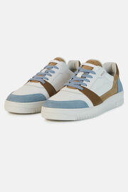Beige and Sky Blue Leather Trainers, Medium Blue, hi-res