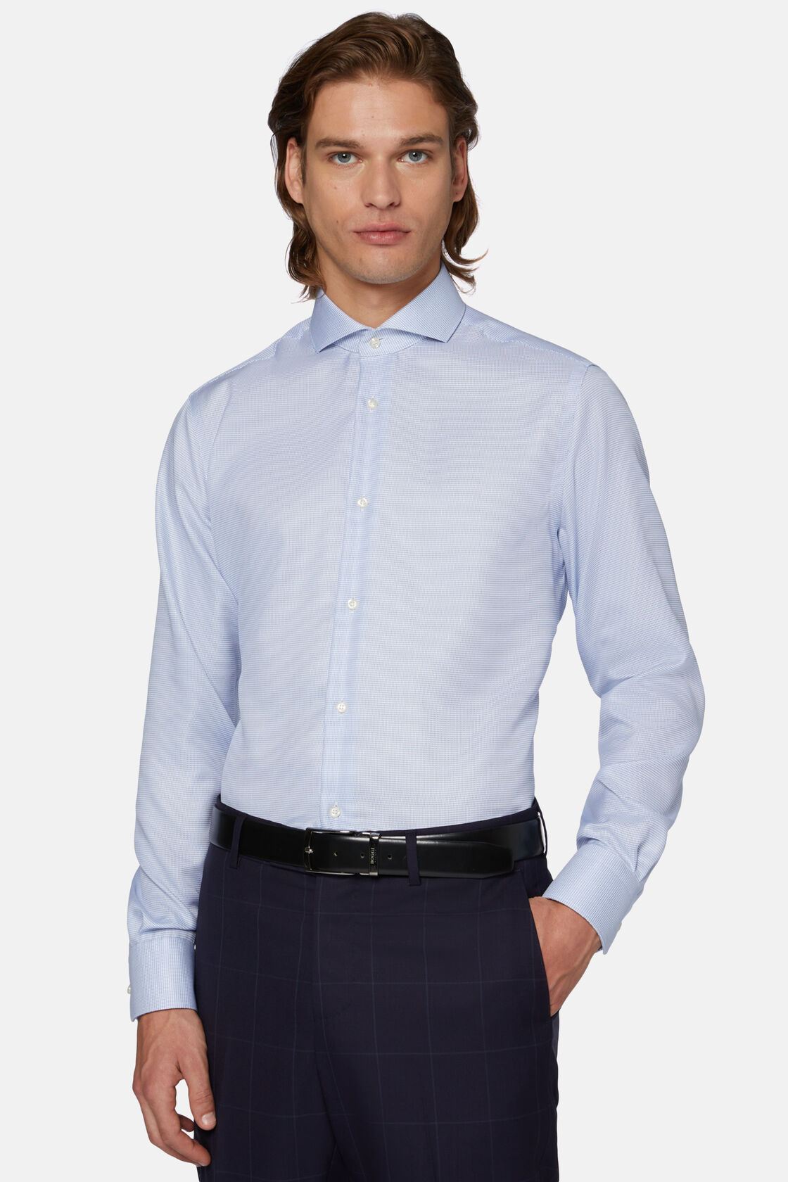 Camicia Royal In Cotone Dobby Slim Fit, Bluette, hi-res