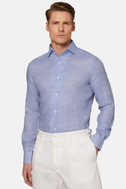 Σιέλ λινό πουκάμισο με μοτίβο πιε ντε πουλ, κανονικής εφαρμογής, Light Blue, hi-res