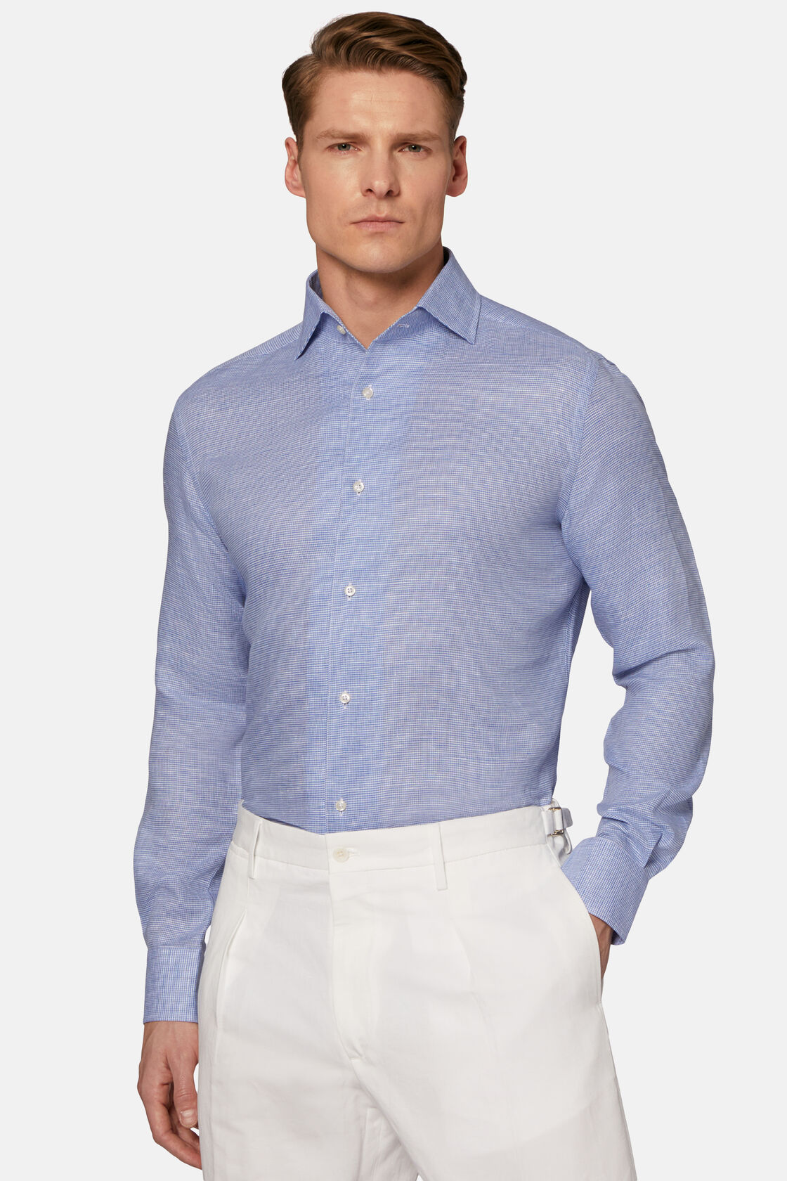 Camicia Pied De Poule Azzurra In Lino Regular, Azzurro, hi-res