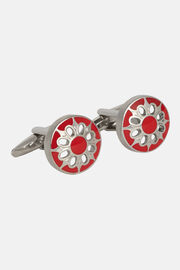 Circular cufflinks with flower, Red, hi-res