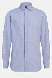 Slim Fit Blue Striped Cotton Twill Shirt, Blue, hi-res