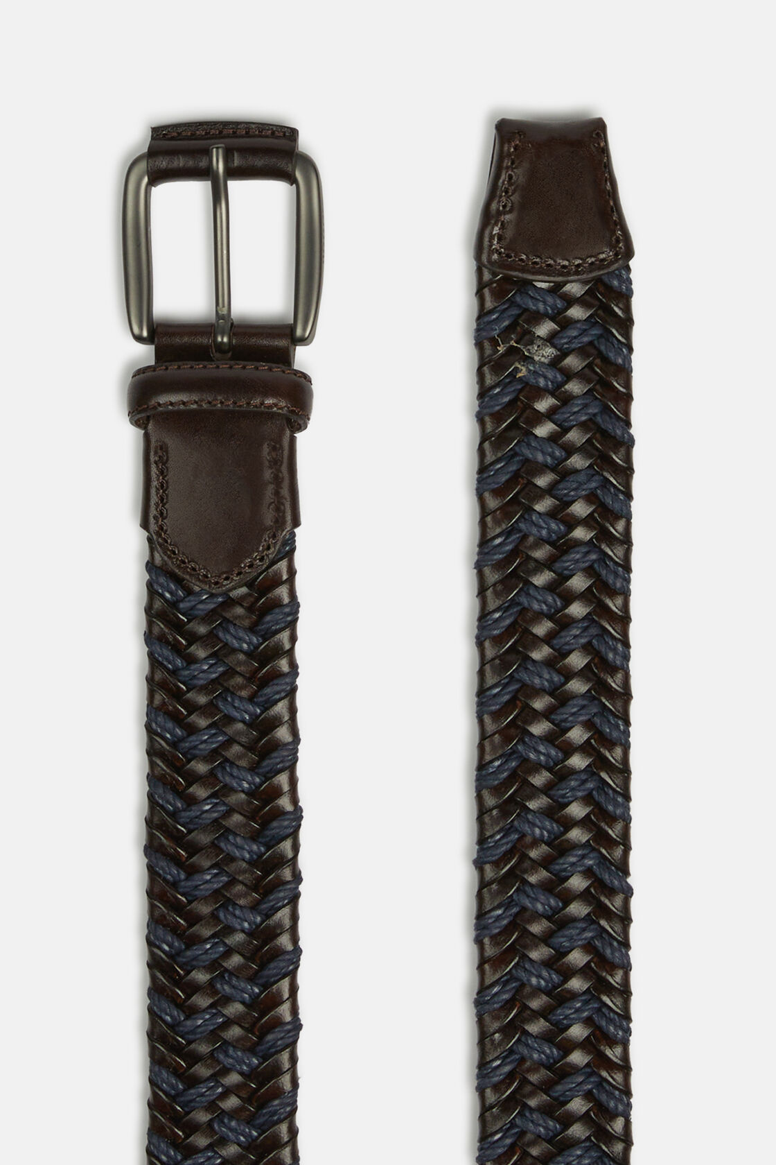Stretch Woven Leather and Cotton Belt, Navy - Brown, hi-res