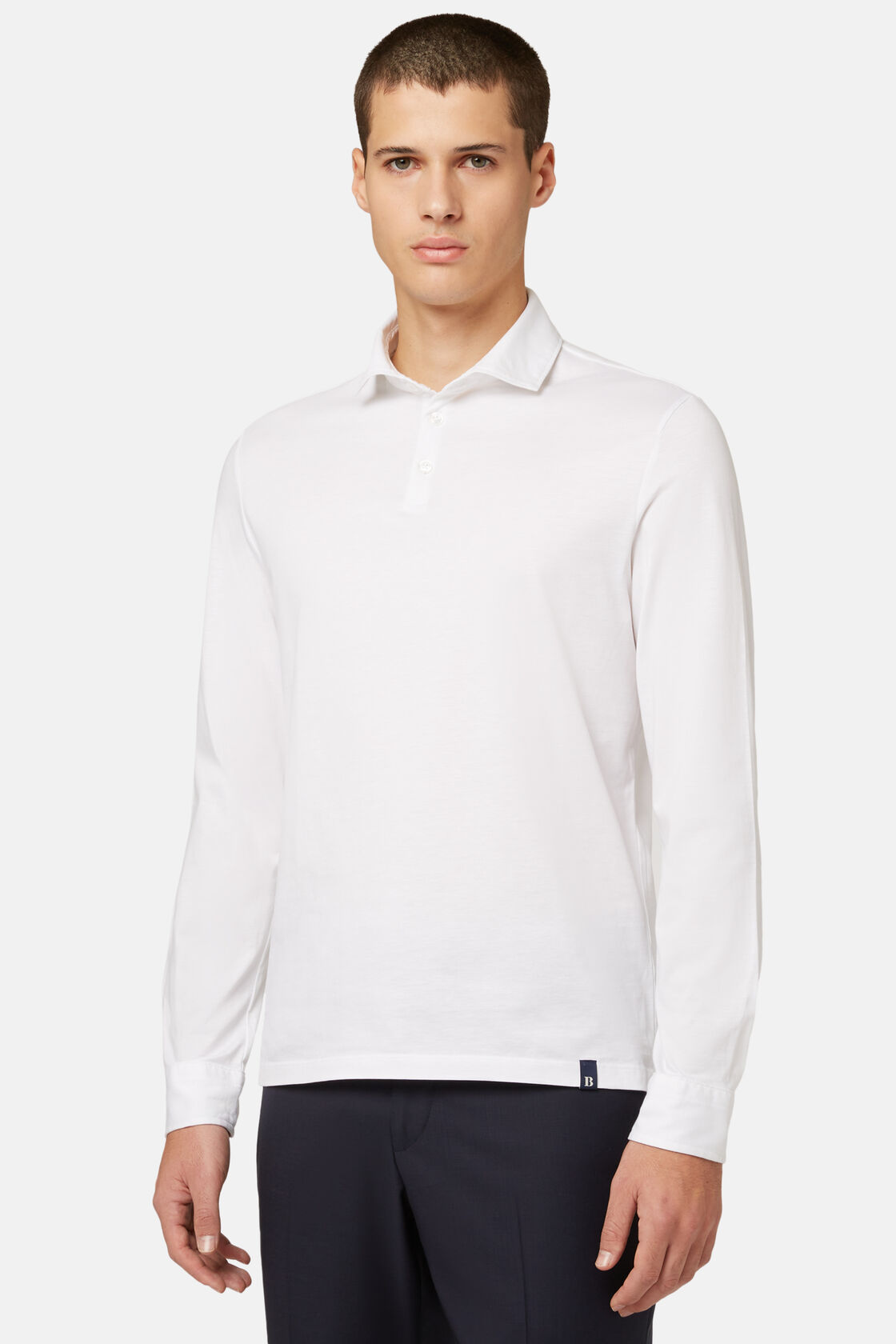 Long Sleeved Regular Fit Polo Shirt In Pima Cotton Jersey, White, hi-res