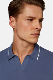 Πλεκτό μπλουζάκι τύπου πόλο από βαμβακερό κρεπ σε μπλε ίντιγκο χρώμα, Indigo, hi-res