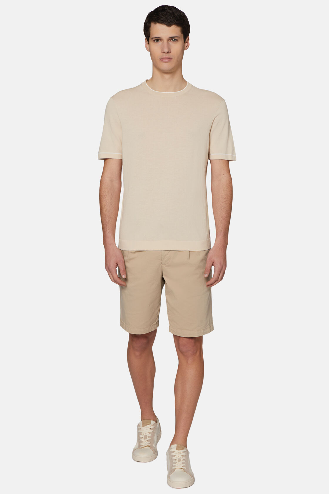 Πλεκτό κοντομάνικο μπλουζάκι από βαμβακερό κρεπ στο χρώμα της άμμου, Sand, hi-res
