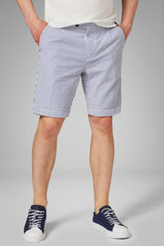 Striped Cotton Seersucker Pleated Bermuda Shorts, Bianco - Navy, hi-res