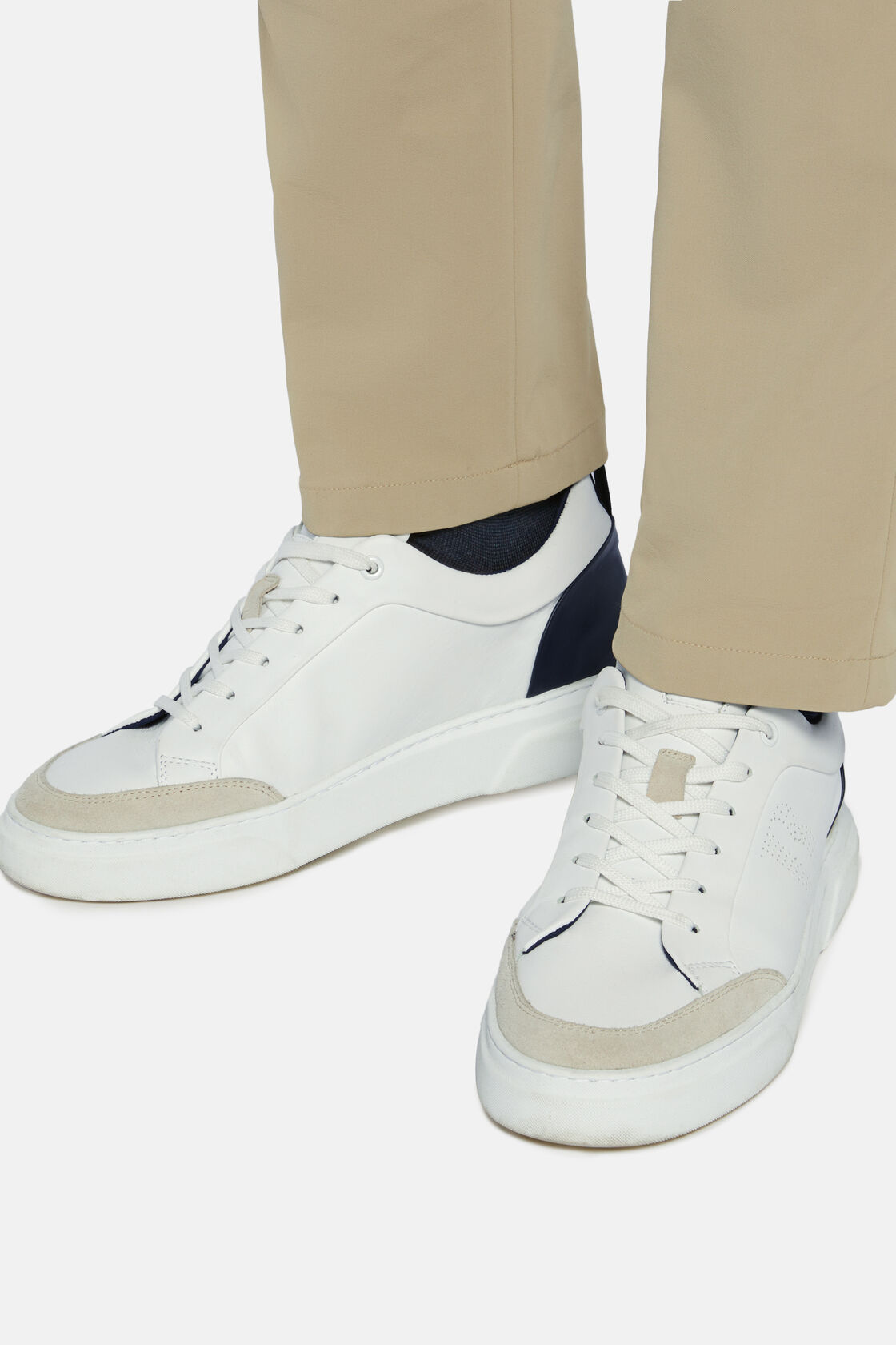 White Leather Trainers With Logo, White - Blue, hi-res