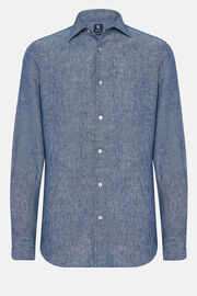 Koszula z lniano-bawełnianego denimu, klasyczny fason, Medium Blue, hi-res