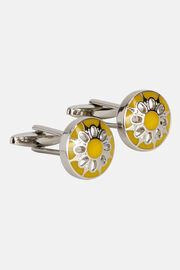 Circular cufflinks with flower, Yellow, hi-res