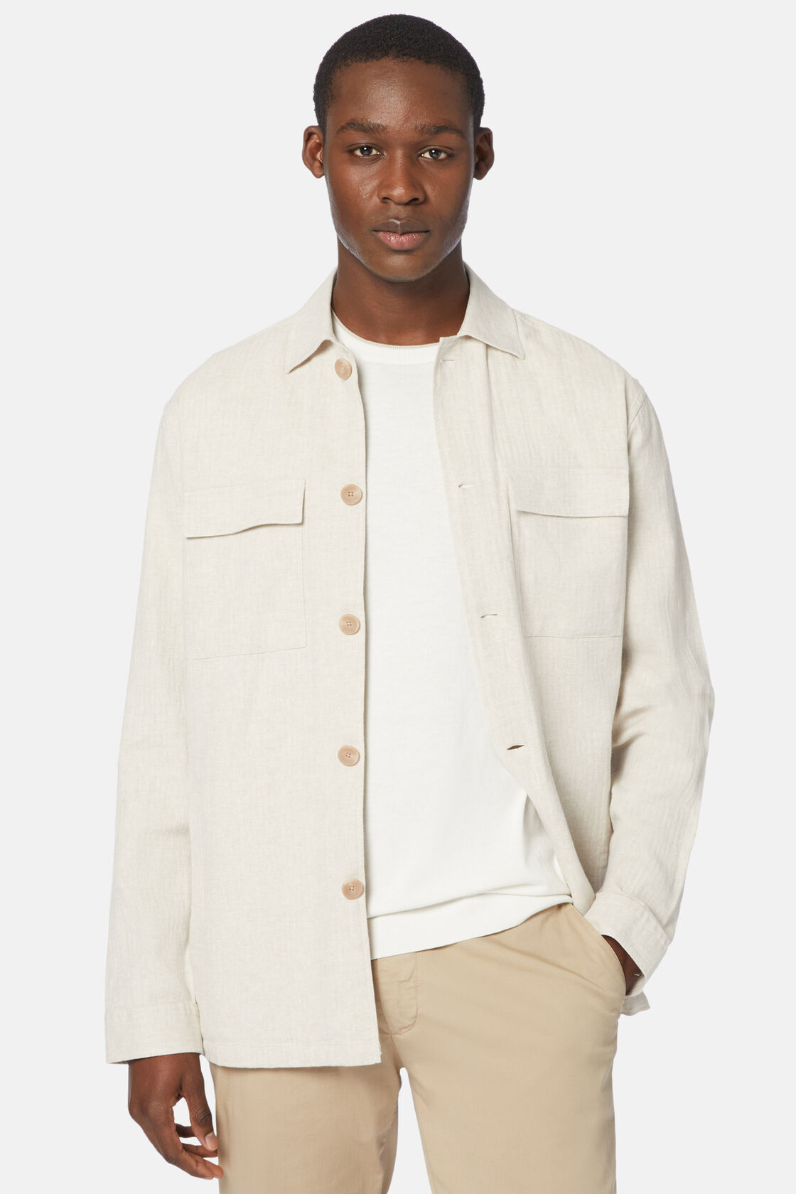 Cotton and Linen Link Shirt Jacket, Beige, hi-res