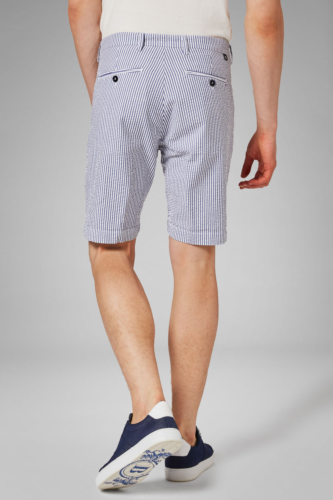 Striped Cotton Seersucker Pleated Bermuda Shorts, , hi-res