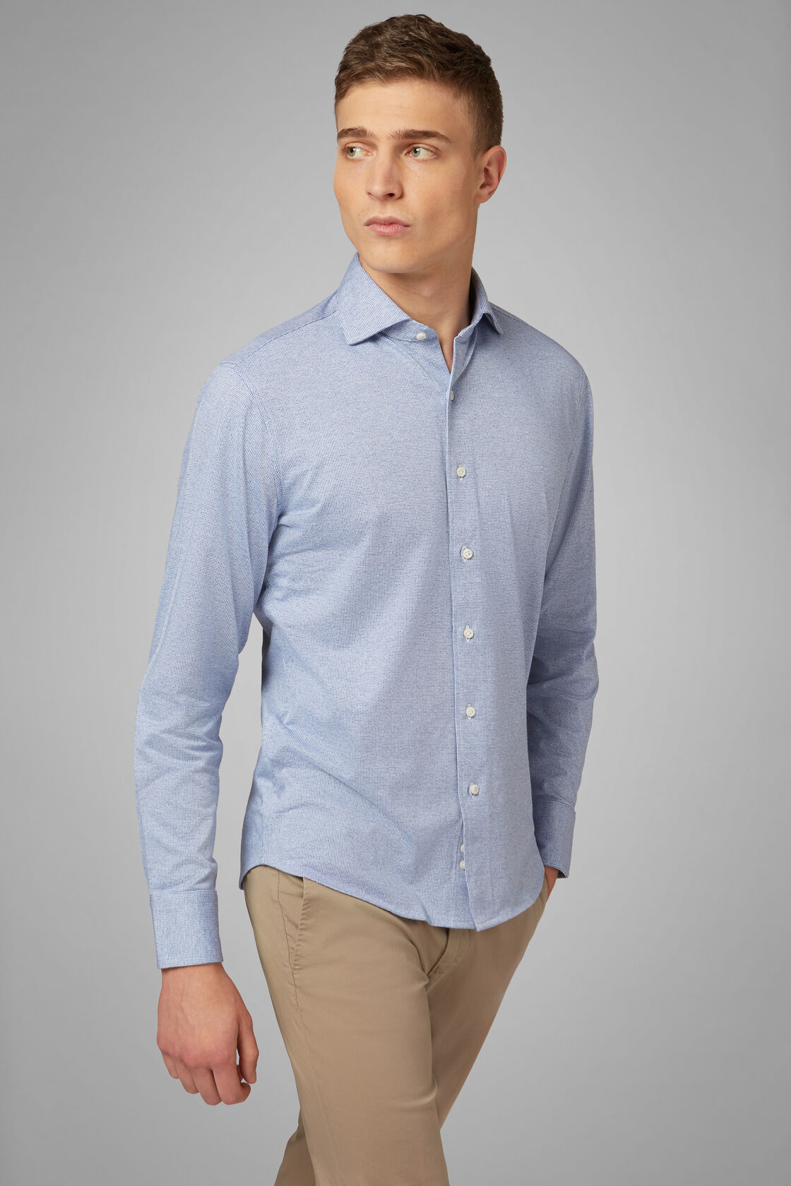 closed collar light blue polo shirt slim fit, , hi-res