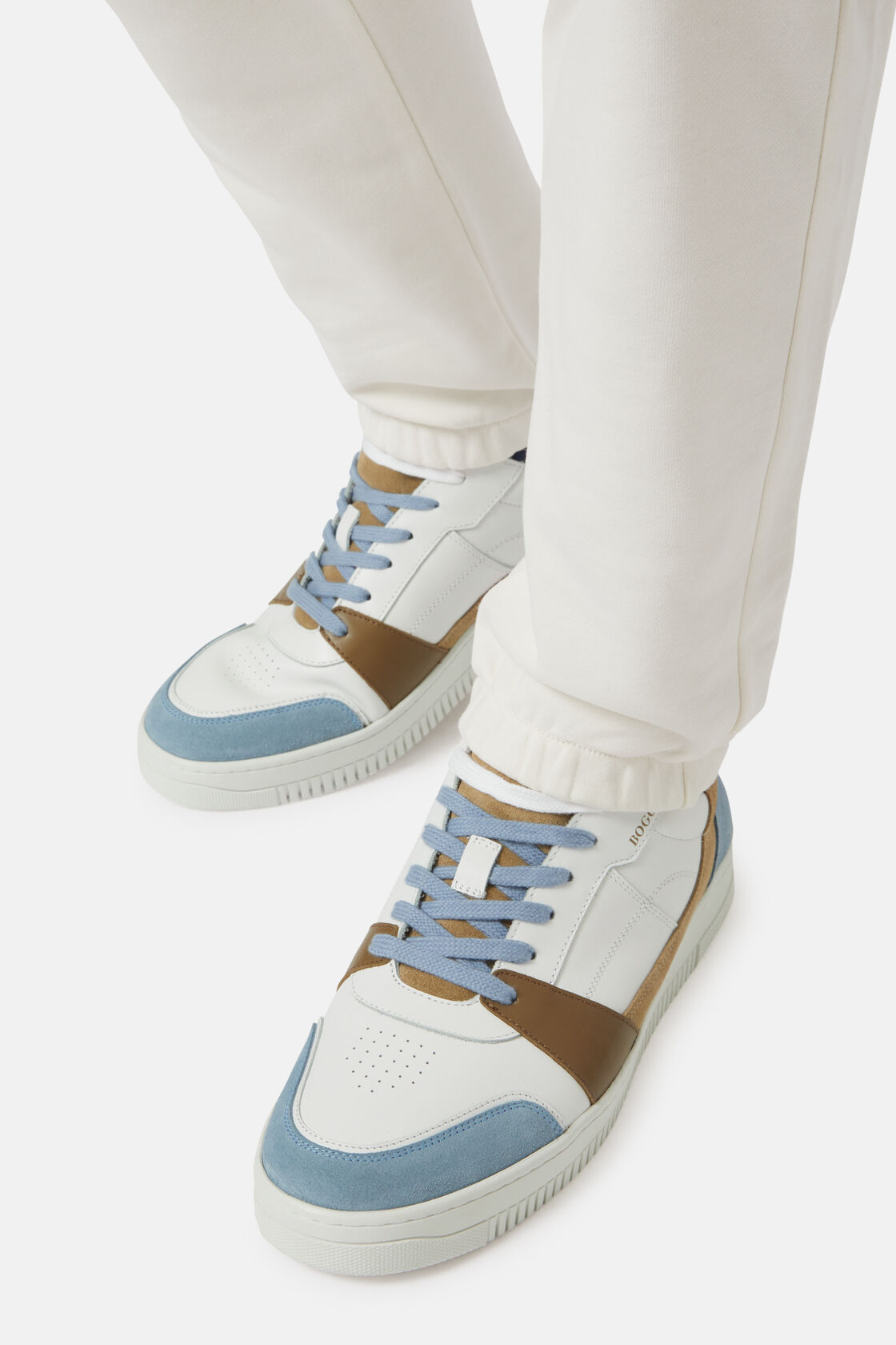 Sneakers In Pelle Beige Ed Azzurre, Blu, hi-res