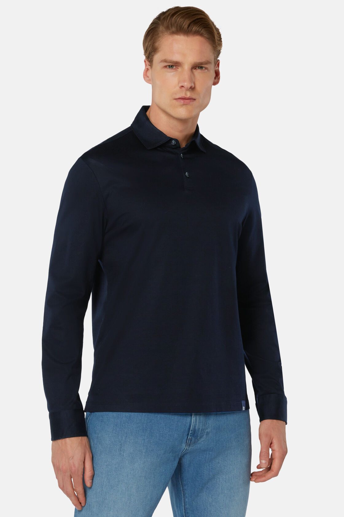 Polo In Jersey Di Cotone Pima Regular Fit Manica Lunga, Navy, hi-res