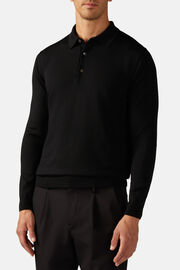 Black Merino Wool Knitted Polo Shirt, Black, hi-res
