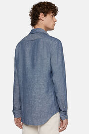 Camisa De Denim De Algodón Y Lino Regular Fit, Azul, hi-res