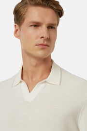 White Cotton Crepe Knit Polo Shirt, White, hi-res