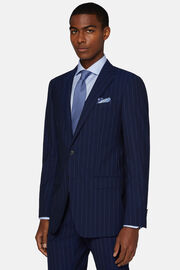 Navy Blue Pinstripe Suit In Stretch Wool, Navy blue, hi-res