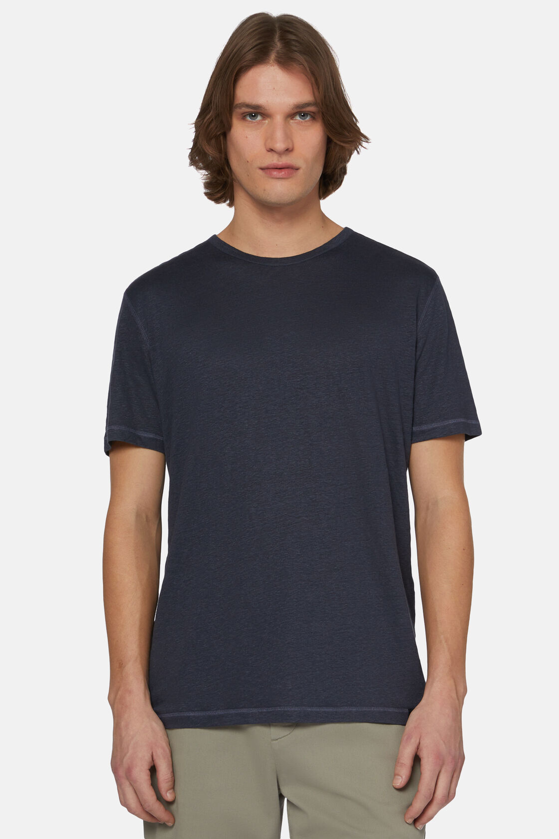 Camiseta de Punto de Lino Stretch Elástico, Azul  Marino, hi-res