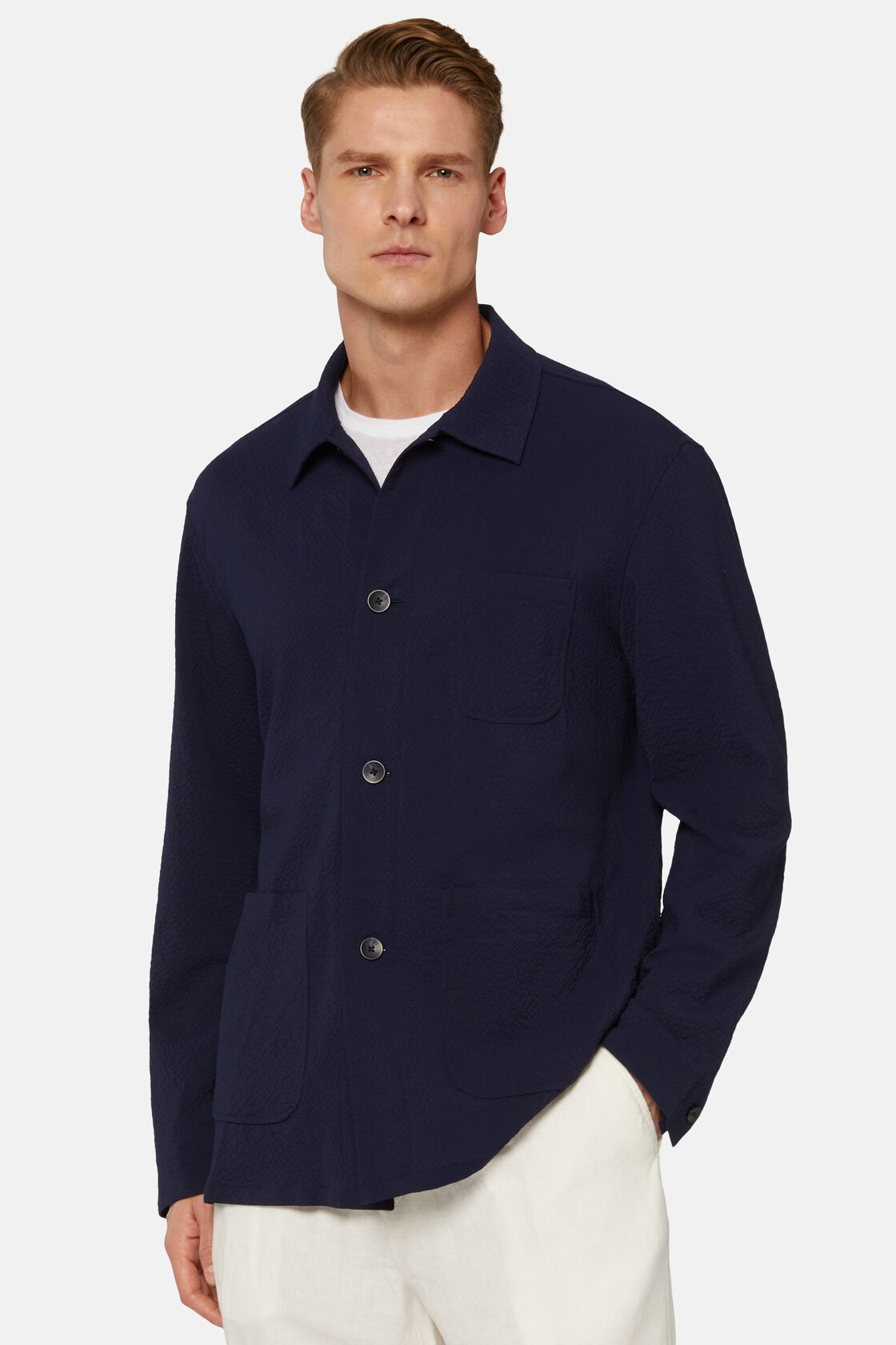 Ζακέτα σε στυλ πουκαμίσου από μάλλινο ύφασμα σιρσούκερ, σε ναυτικό μπλε χρώμα , Navy blue, hi-res