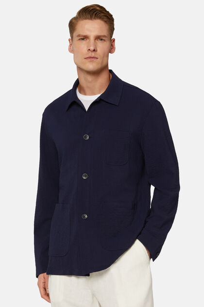 Ζακέτα σε στυλ πουκαμίσου από μάλλινο ύφασμα σιρσούκερ, σε ναυτικό μπλε χρώμα , Navy blue, hi-res