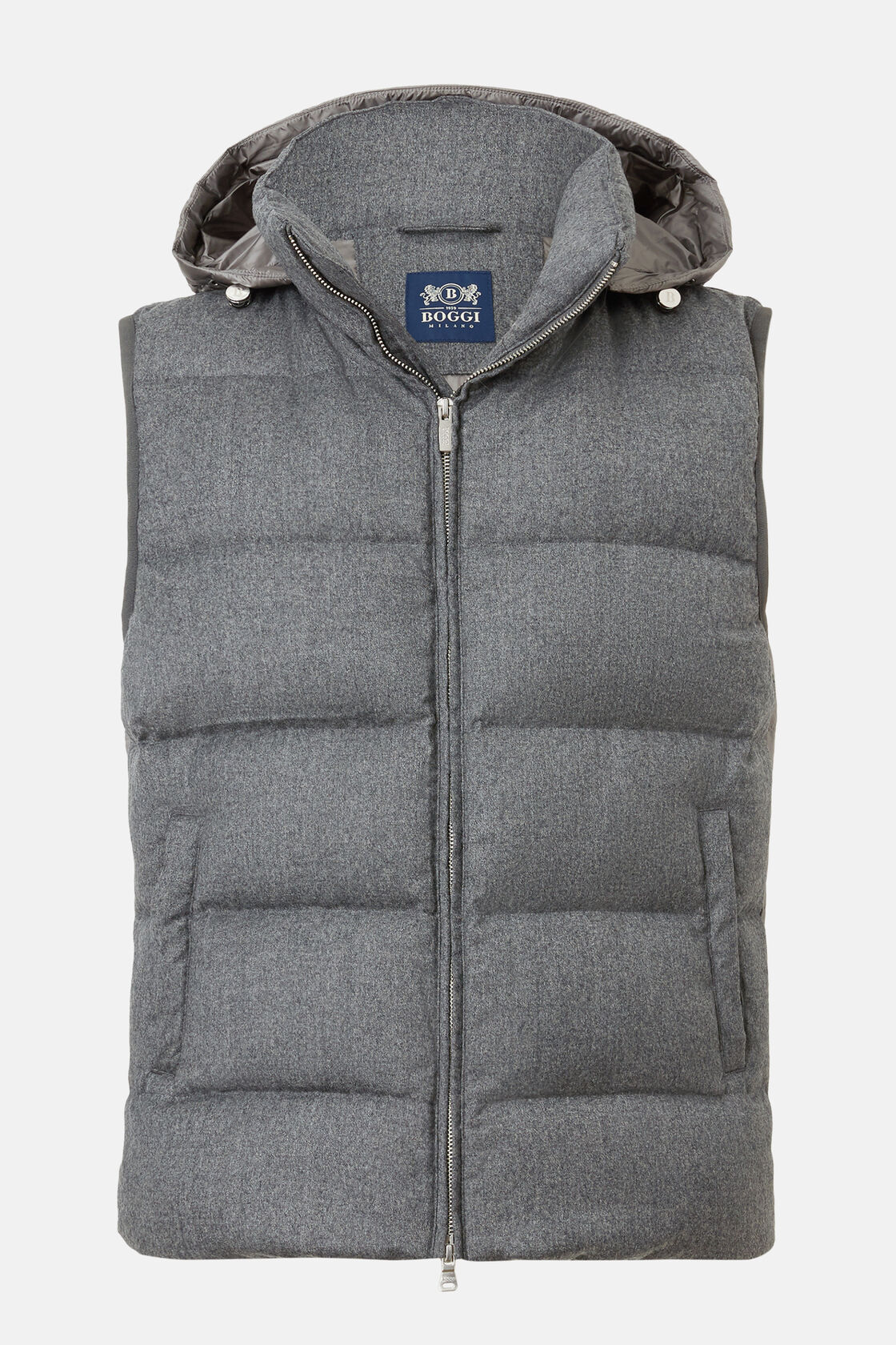 Down-filled flannel gilet with hood, , hi-res