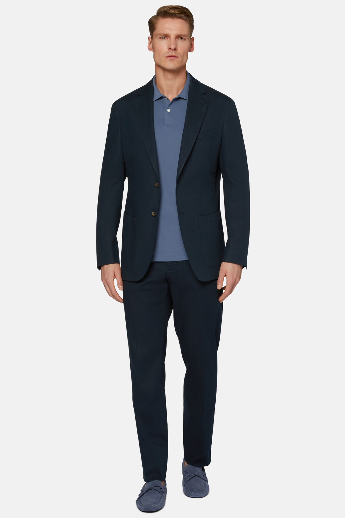 Blaues Anzug Mit Diagonalem Muster Aus Baumwollstretch, , hi-res