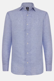 Σιέλ λινό πουκάμισο με μοτίβο πιε ντε πουλ, κανονικής εφαρμογής, Light Blue, hi-res