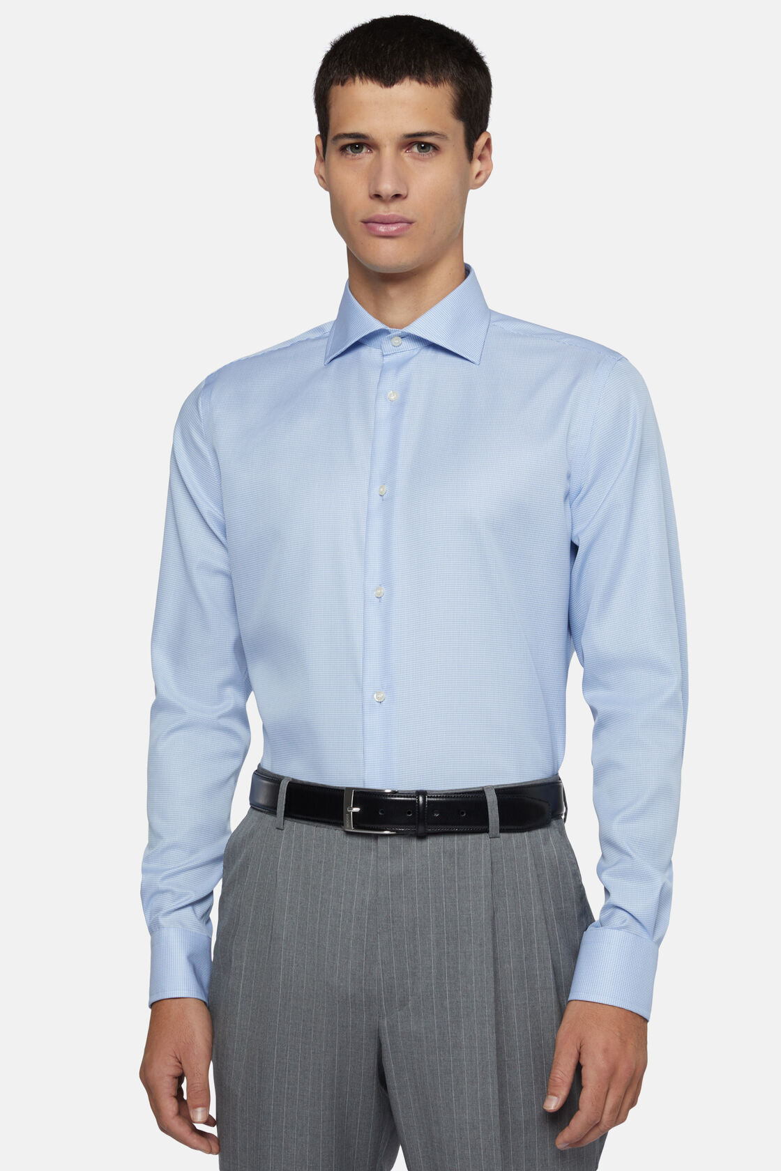 Σιέλ βαμβακερό πουκάμισο με πιε ντε πουλ μοτίβο, κανονικής εφαρμογής, Light Blue, hi-res