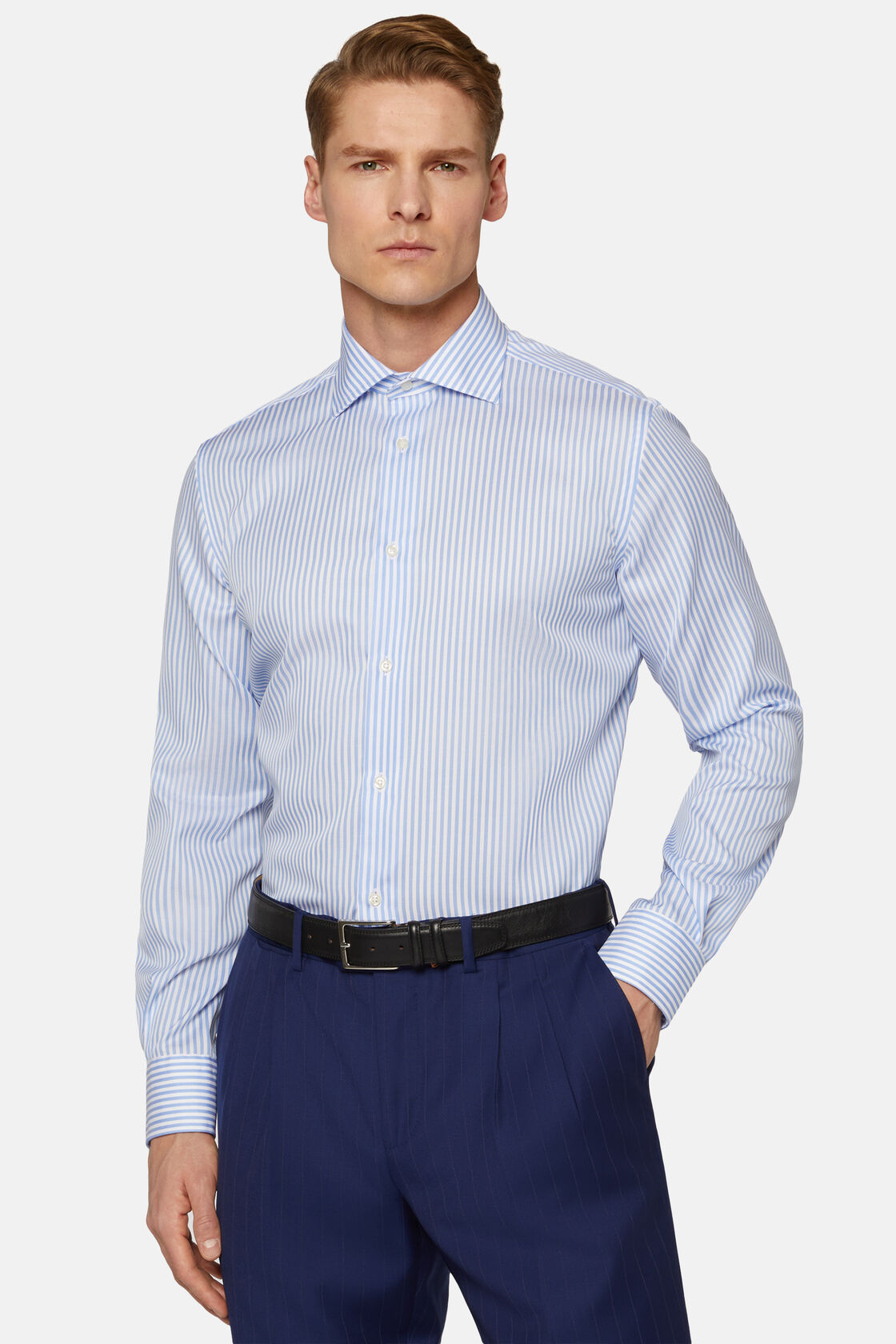 Regular Fit Sky Blue Striped Dobby Cotton Shirt, Light Blue, hi-res