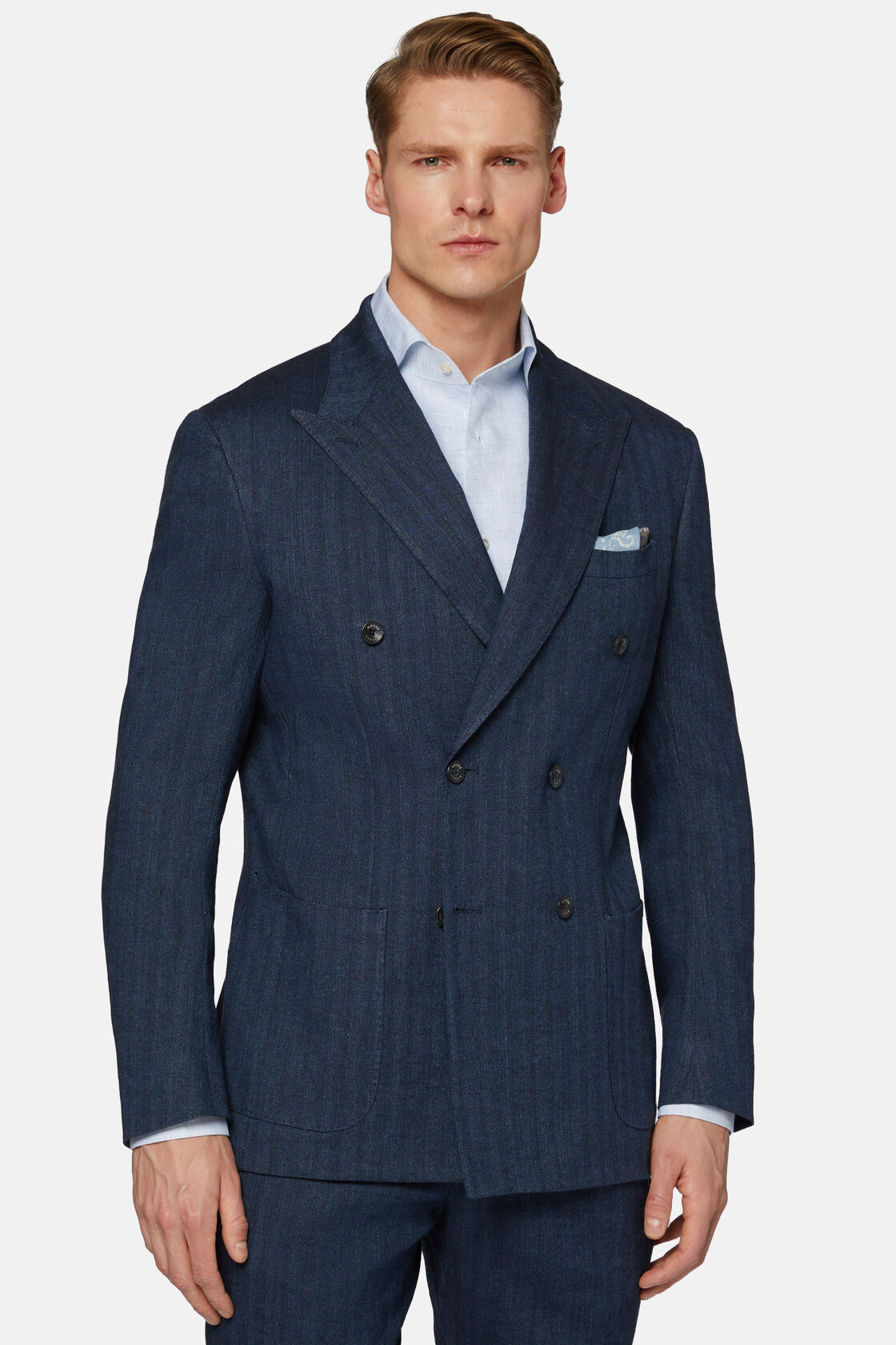 Σταυρωτό κοστούμι από βαμβακερό λινό ύφασμα, σε ναυτικό μπλε χρώμα, Navy blue, hi-res