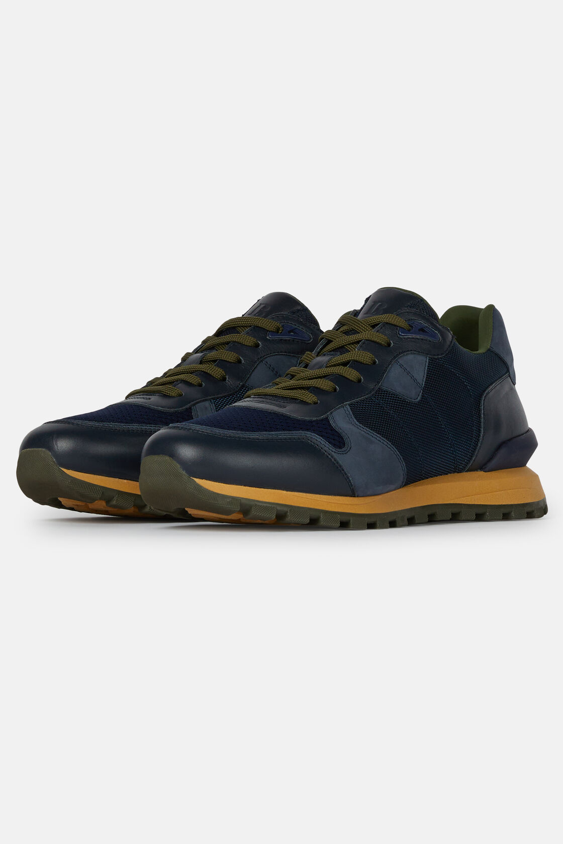 Navy Trainers in Leather AND Technical Fabric, Navy blue, hi-res