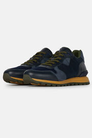 Navy Trainers in Leather AND Technical Fabric, , hi-res