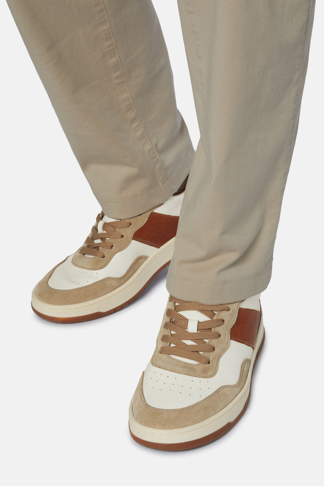 Beige and Brown Leather Trainers, Brown-Beige, hi-res