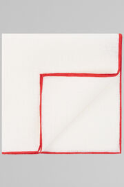 Linen Pocket Square With Contrasting Piping, White - Red, hi-res