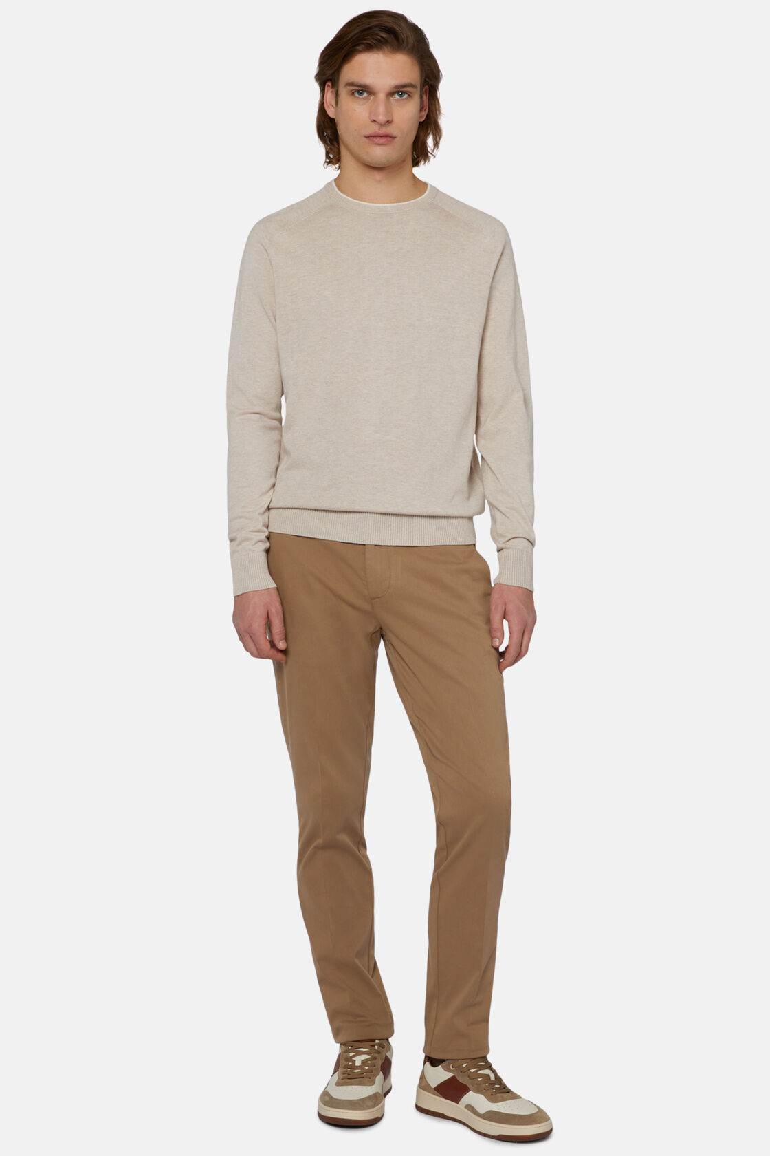 Sand Crew Neck Jumper in Cotton, Silk and Cashmere, Sand, hi-res