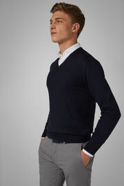 Navy Merino Wool V-neck Pullover, Navy blue, hi-res