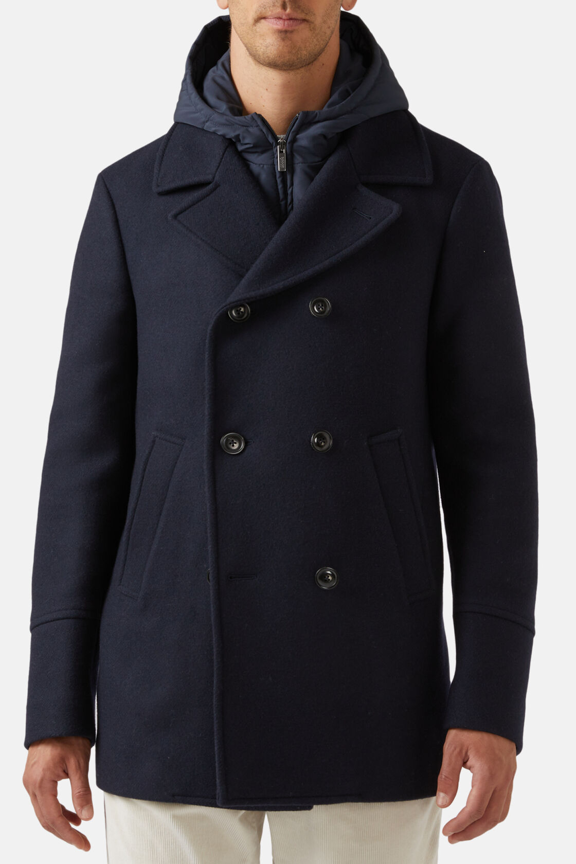 Wool Peacoat With Removable Hood, Navy blue, hi-res