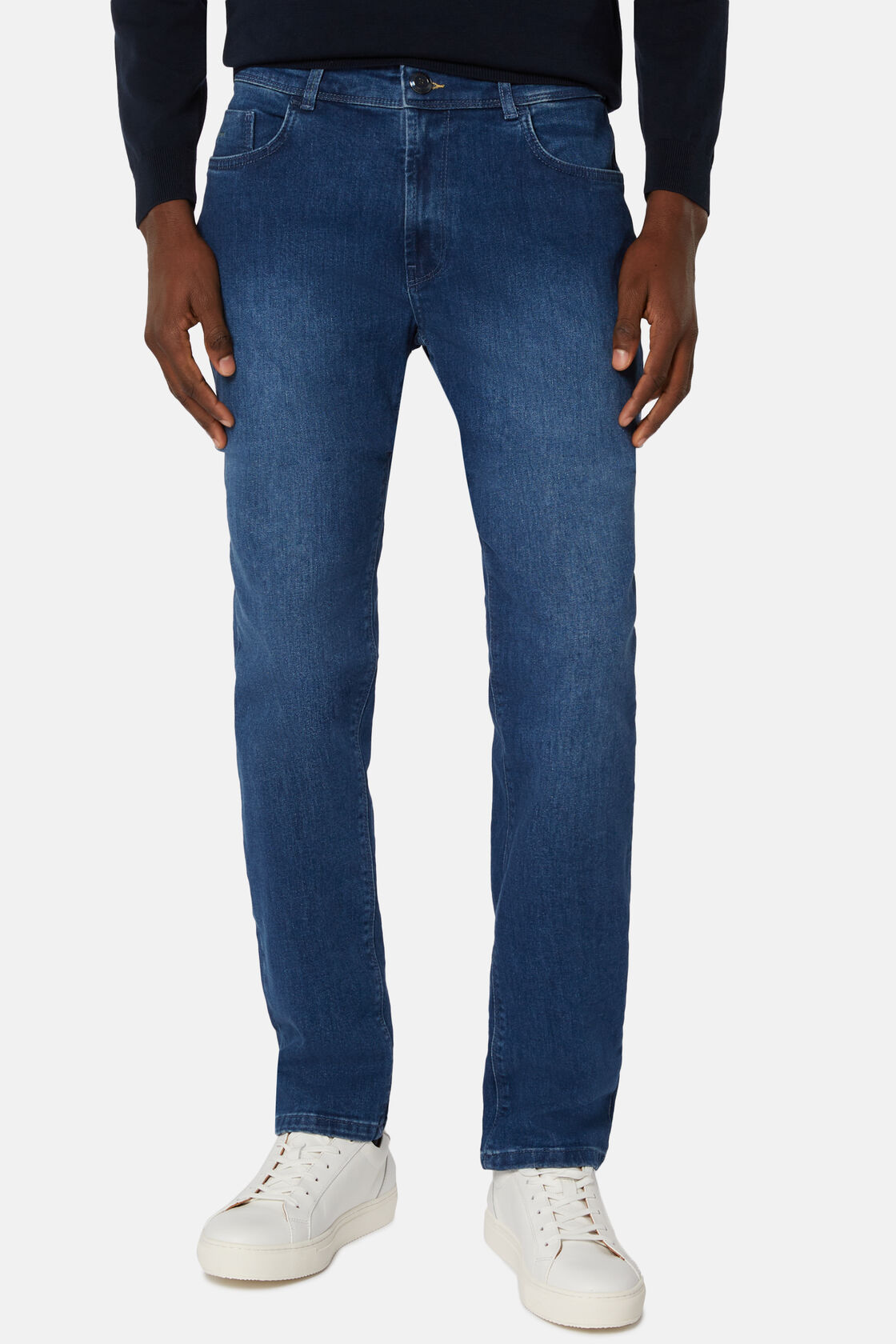 Medium Blue Stretch Denim Jeans, Indigo, hi-res