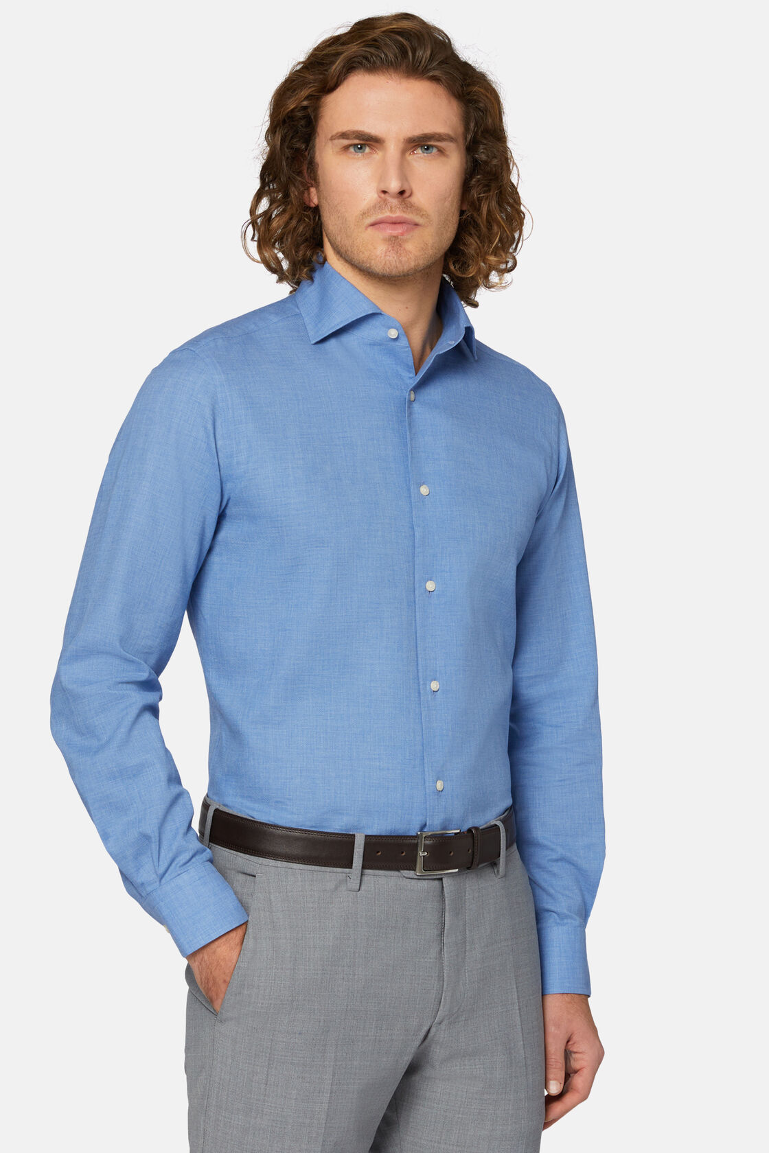 Camicia Blu In Cotone Dobby Regular Fit, Blu, hi-res
