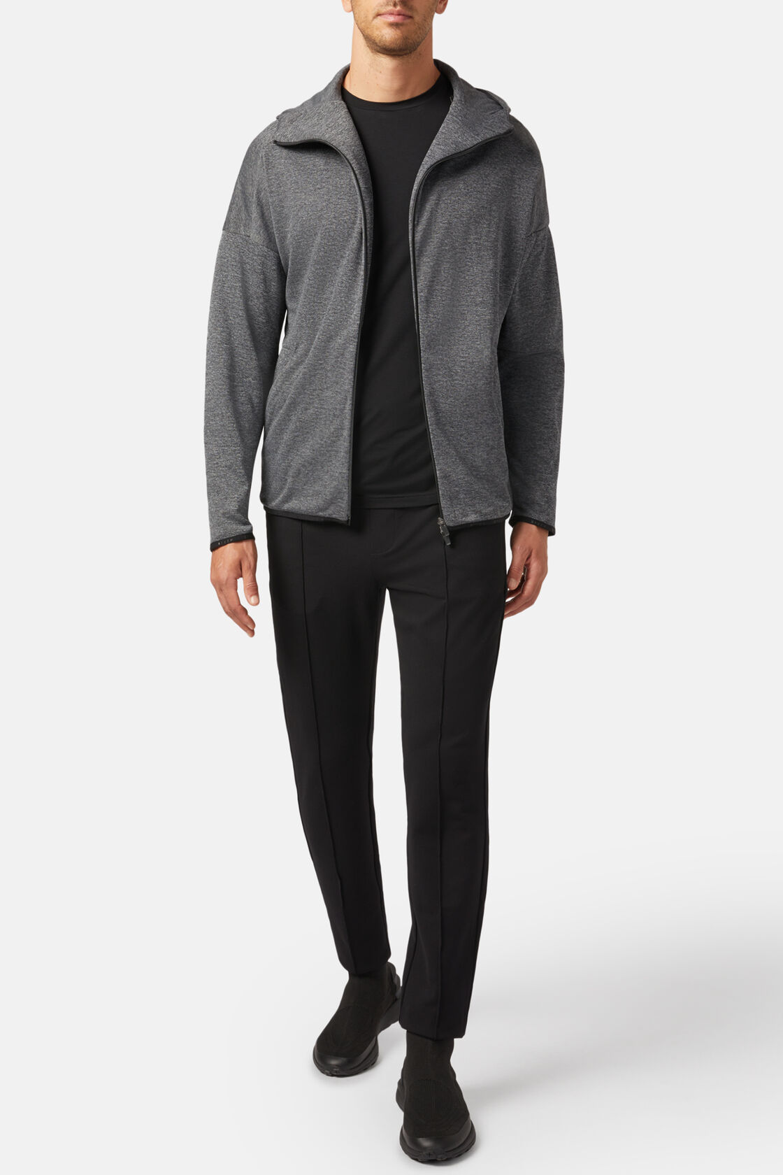 Full Zip Hooded Sweatshirt in Technical Fabric, Charcoal, hi-res