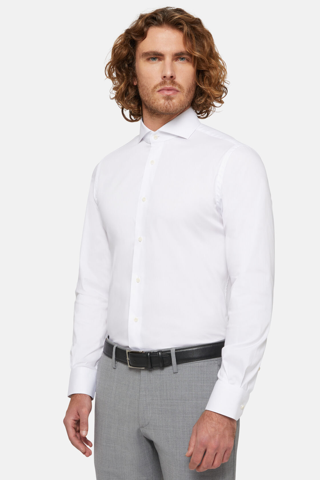 Biała koszula z elastycznej tkaniny bawełnianej z nylonem, fason wyszczuplony, White, hi-res